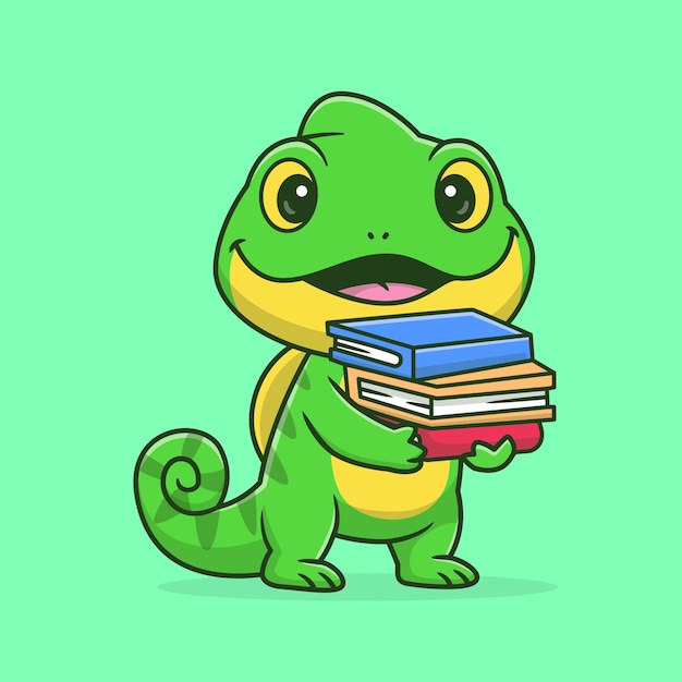 Cute Chameleon Bring Book Cartoon Vector Icon Illustration Animal Education Icon Concept Izolowany