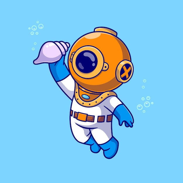 Cute Diver Gospodarstwa Powłoki W Ocean Kreskówka Wektor Ikona Ilustracja. Nauka Natura Ikona Na Białym Tle