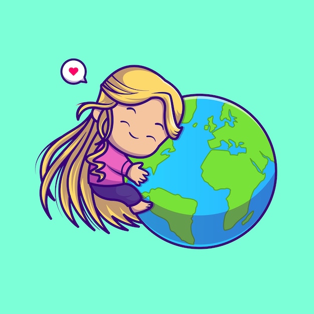 Bezpłatny wektor cute girl hug earth world globe kreskówka wektor ikona ilustracja ludzie natura ikona izolowane mieszkanie