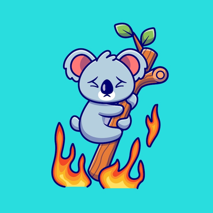 Bezpłatny plik Wektor cute koala wiszące na płonącym drzewa kreskówki. koncepcja ikona natura zwierząt na białym tle. płaski styl kreskówki