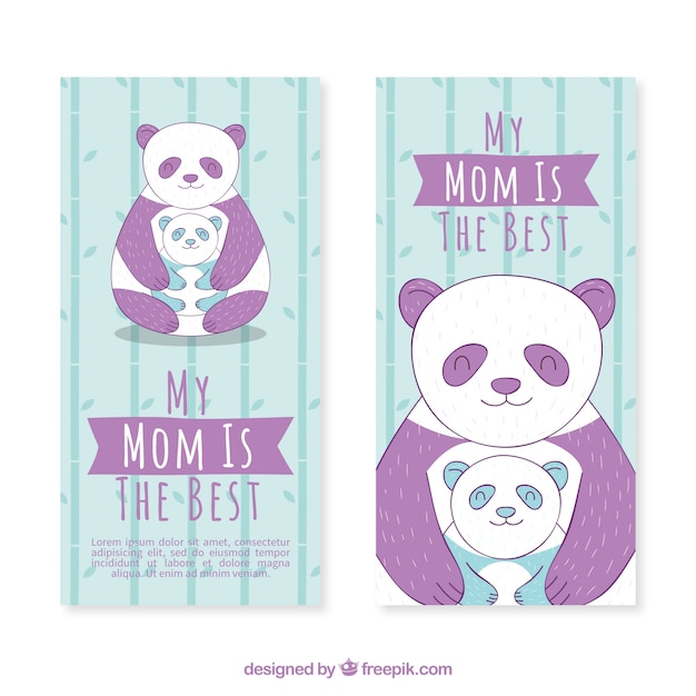 Bezpłatny wektor cute matki dzień transparenty z pand