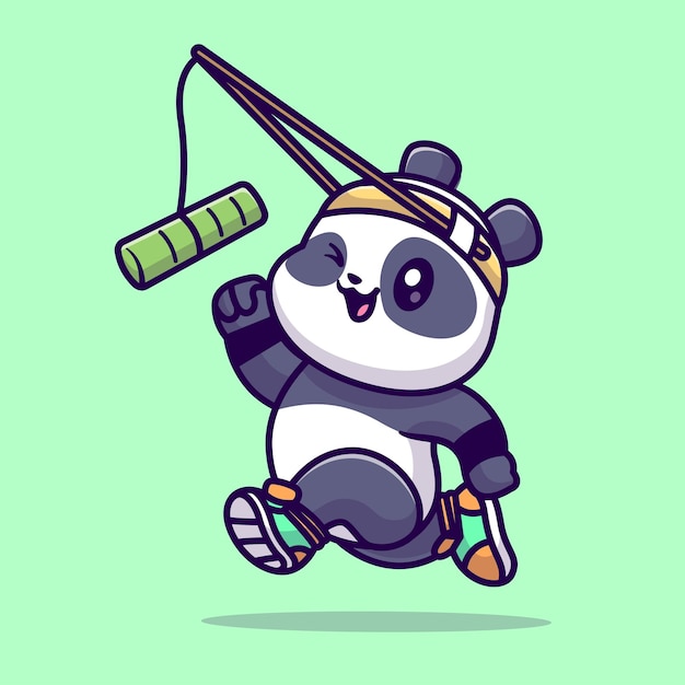 Cute Panda Run Pogoni Za Bambusem Kreskówka Wektor Ikona Ilustracja Zwierzę Sport Ikona Koncepcja Na Białym Tle