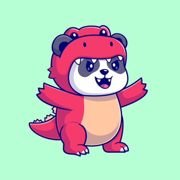 Cute Panda Sobie Kostium Dino Kreskówka Wektor Ikona Ilustracja. Ikona Wakacje Zwierząt Na Białym Tle Mieszkanie