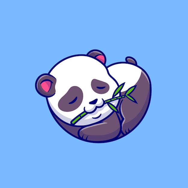 Cute Panda Spanie I Jedzenie Ilustracja Kreskówka Bambusa. Pojęcie Natury Zwierzęcej Na Białym Tle. Płaski Styl Kreskówki