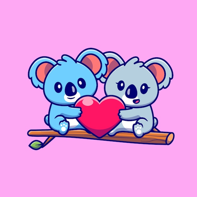 Bezpłatny wektor cute para koala, trzymając serce na drzewie kreskówka ikona ilustracja. koncepcja ikona para zwierząt na białym tle. płaski styl kreskówki