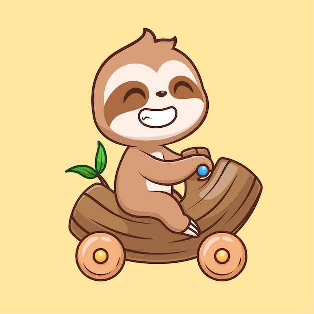 Cute Sloth Riding Branch Tree Motorcycle Toy Cartoon Vector Icon Ilustracja Transport Zwierząt