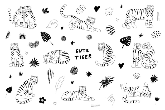 Cute tiger doodle wektor zestaw postacie z kreskówek tygrys w różnych pozach i tropikalnych liściach