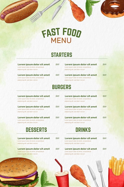 Bezpłatny wektor cyfrowe menu restauracji w formacie pionowym z ilustracją żywności