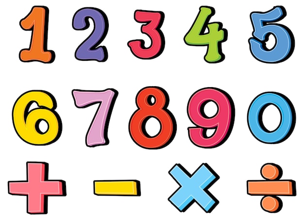 Cyfry od 0 do 9 z symbolami matematycznymi
