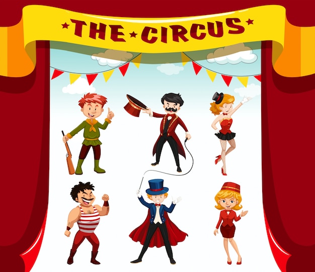 Bezpłatny wektor cyrk, wesołe miasteczko, postacie o tematyce parku rozrywki