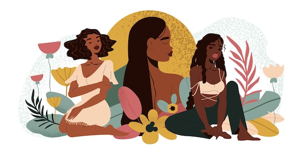 Czarna dziewczyna kobieta skład trzy piękne dziewczyny w profilu i całą twarz z kwiatami wokół nich ilustracji wektorowych