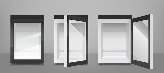Bezpłatny wektor czarna mini lodówka z przezroczystymi szklanymi drzwiami