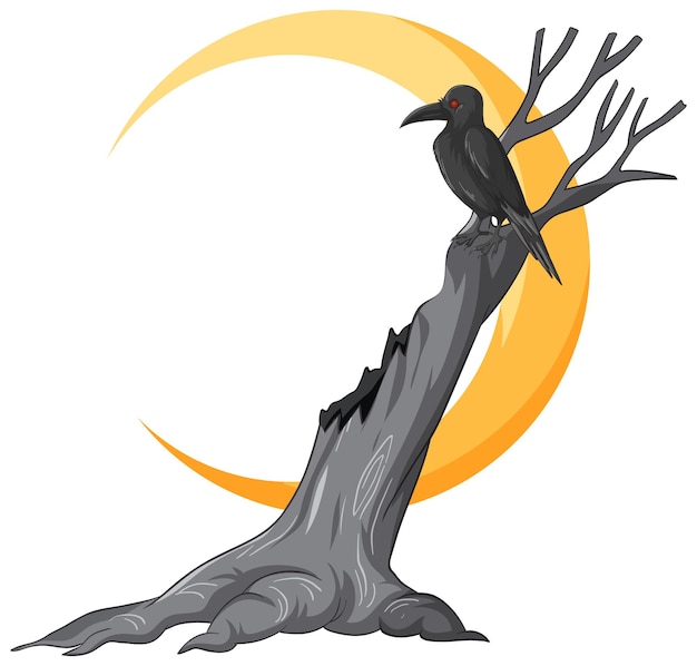 Czarna wrona stojąca na martwym drzewie z sierpem księżyca