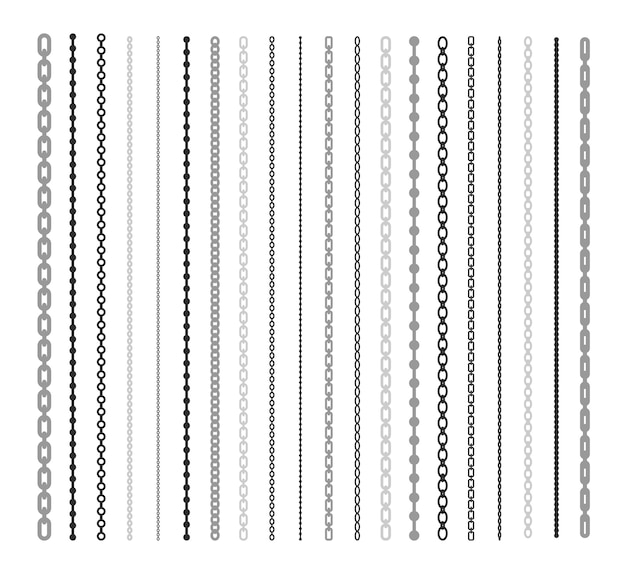 Bezpłatny wektor czarne linie łańcucha płaskich ilustracji zestaw. ogniwo łańcucha i wzór obramowania pędzla na białym tle wektor zbiory. koncepcja elementów projektu połączenia i mody