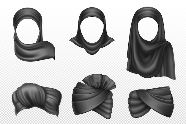 Bezpłatny wektor czarne turbany i hidżaby, indyjskie i arabskie nakrycia głowy dla mężczyzny i kobiety. wektor realistyczny zestaw krętych chust, tradycyjnych muzułmańskich i islamskich ubrań, pagdi na białym tle