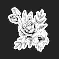 Bezpłatny wektor czarno-biała naklejka z bukietem kwiatów z białą obwódką