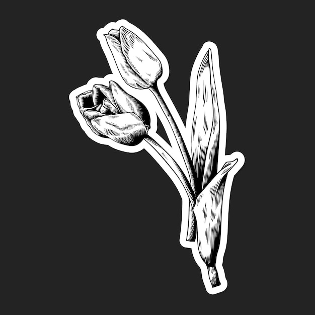 Czarno-biała naklejka z tulipanem z białym obramowaniem wektora