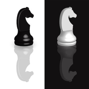 Czarno-białe figury szachowe 3d z lustrzanym odbiciem postaci na powierzchni