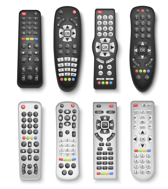 Czarno-srebrne piloty telewizyjne różnych modeli realistyczny zestaw ilustracji wektorowych na białym tle