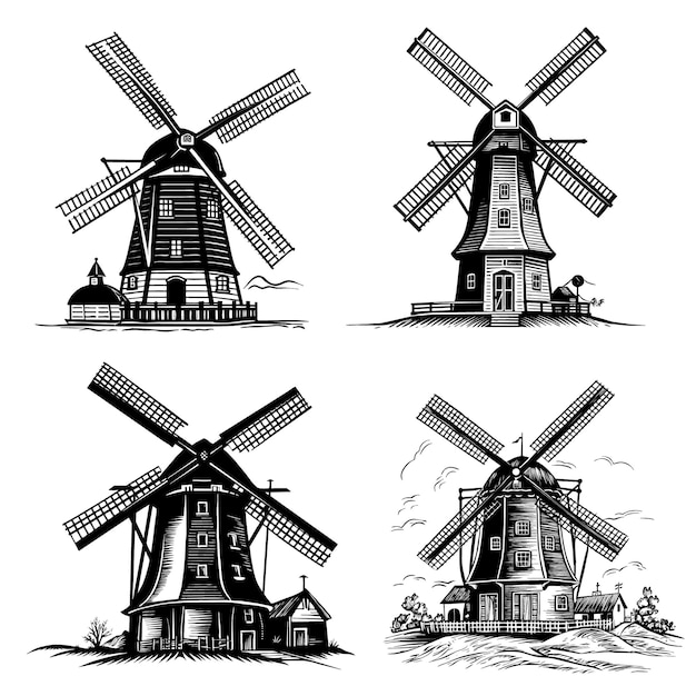 Bezpłatny wektor czarny zestaw do projektowania holenderskiego wiatraka