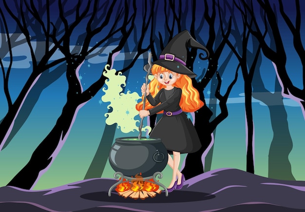 Bezpłatny wektor czarownica z czarnym magicznym garnkiem stylu cartoon w ciemnym lesie