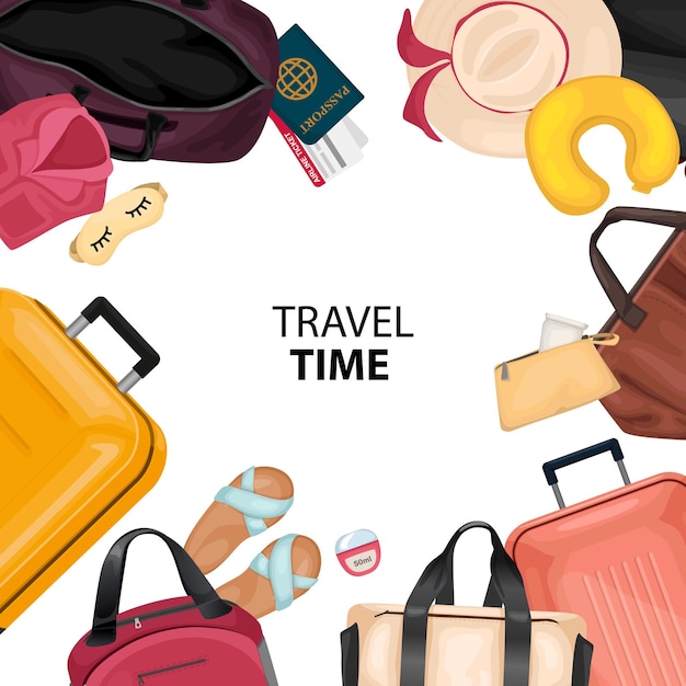 Bezpłatny wektor czas podróży kreskówka rama składająca się z torby walizki paszport akcesoria plażowe ilustracji wektorowych