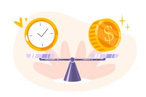 Czas to bilans pieniądza na ikonę skali. pojęcie zarządzania czasem, ekonomii i inwestycji. porównanie pracy i wartości, zysk finansowy. płaskie ilustracji wektorowych monet, gotówki i zegarek na huśtawce.
