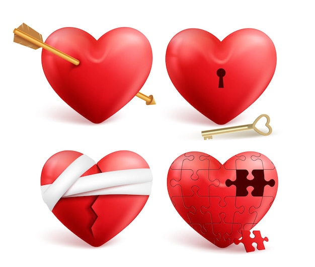 Czerwone serca wektor 3d realistyczny zestaw ze strzałkami z otworami na klucze i bandażami