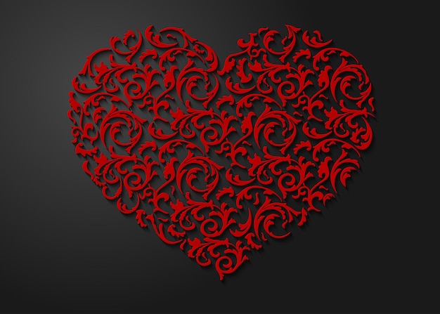 Czerwone serce kwiatowy wzór z liśćmi. wzorzyste 3d symbol miłości z cieniem na ciemnym tle. walentynki piękna pocztówka wycinana z papieru