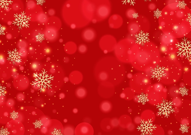 Czerwone tło Boże Narodzenie z płatkami śniegu i projektami świateł bokeh
