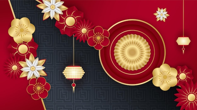 Czerwony i złoty projekt transparent tło festiwalu szczęśliwy chiński nowy rok. chińskie chiny czerwone i złote tło z latarnią, kwiatem, drzewem, symbolem i wzorem. czerwony i złoty chiński szablon papercut