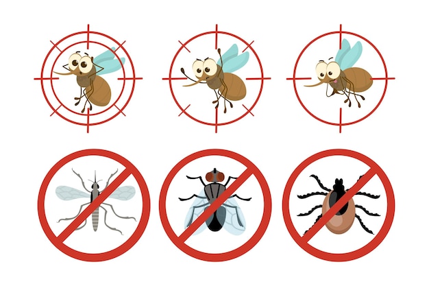 Czerwony znak zakazu z zestaw ilustracji kreskówka owady. Znak stop lub przeciw komarom, kleszcz, muchy, sygnał ostrzegawczy krwiopijców, cel komarów. Malaria, epidemia, koncepcja skażenia