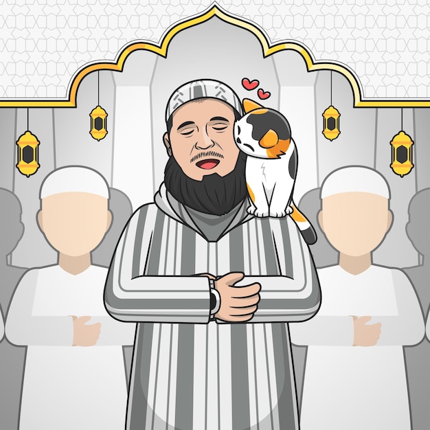 Bezpłatny wektor człowiek muzułmanin modlący się z kotem kreskówka wektor ikona ilustracja ludzie religia ikona koncepcja na białym tle