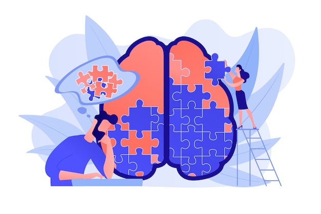 Człowiek robi puzzle ludzkiego mózgu. Sesja psychologiczno-psychoterapeutyczna, leczenie psychiczne i dobre samopoczucie, terapeuta doradzający w zakresie chorób i trudności psychicznych Fioletowa paleta. Ilustracja wektorowa na białym tle.