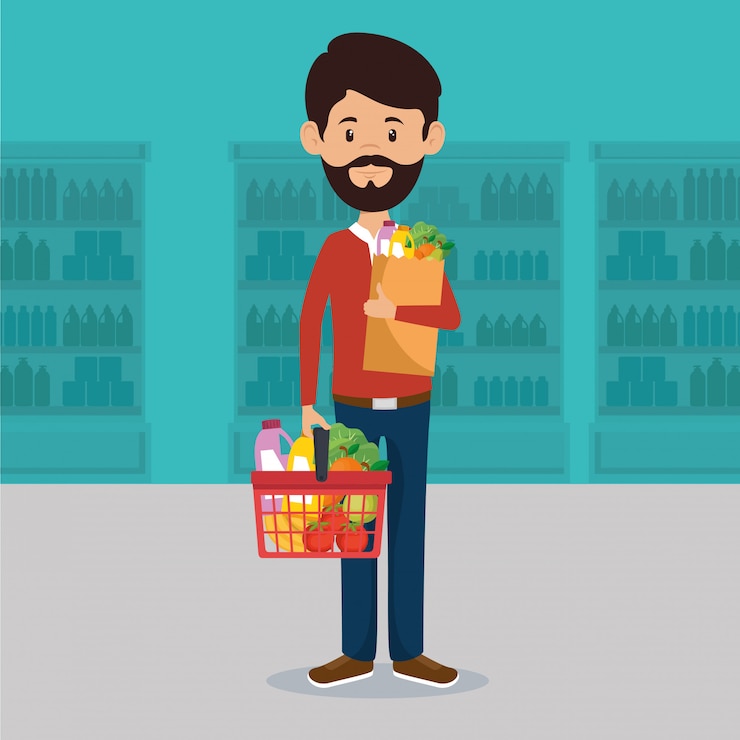 Bezpłatny plik Wektor człowiek z supermarketu artykuły spożywcze w torbie na zakupy