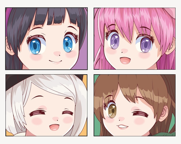 Bezpłatny wektor cztery dziewczyny postacie w stylu anime