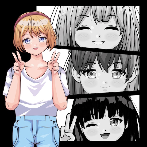 Bezpłatny wektor cztery dziewczyny w stylu anime