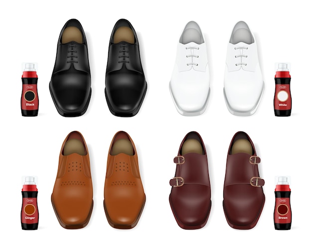 Bezpłatny wektor cztery realistyczne pary męskich skórzanych butów w różnych kolorach z pasującą pastą do butów na białym tle ilustracji wektorowych