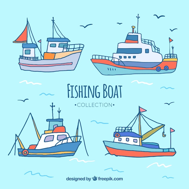 Bezpłatny wektor cztery ręcznie rysowane łodzie rybackie