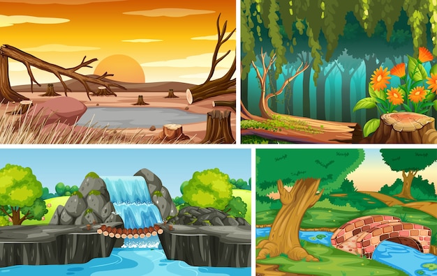 Bezpłatny wektor cztery różne sceny natury stylu kreskówki upadku lasu i wody
