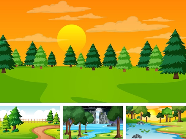 Cztery różne sceny parku przyrody i lasu