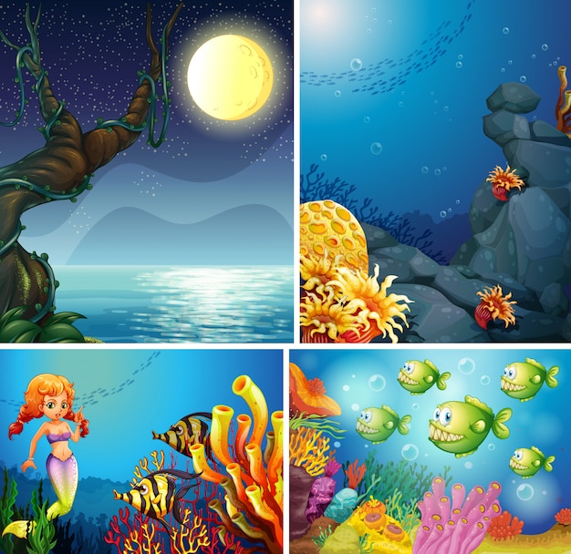 Bezpłatny wektor cztery różne sceny tropikalnej plaży w nocy i syrenka pod wodą w stylu cartoon kreatora morza