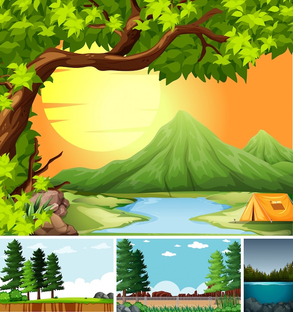 Bezpłatny wektor cztery różne sceny w stylu cartoon ustawienie przyrody
