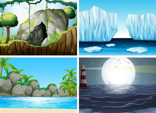 Cztery różne sceny z oceanu i moutain