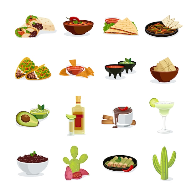 Bezpłatny wektor dania kuchni meksykańskiej przekąski i napoje płaski zestaw ikon