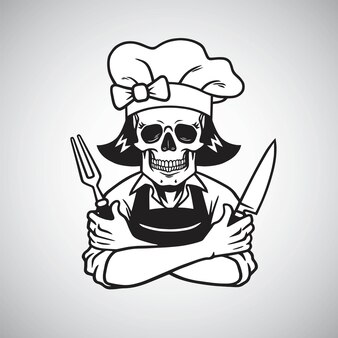 Dead lady skull chef logo uśmiechający się z widelcem nożem i kapeluszem wektor rysunek
