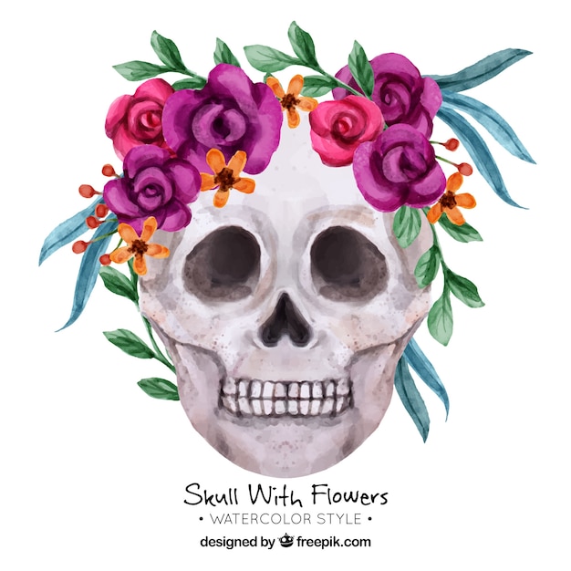 Bezpłatny wektor dekoracyjne czaszka z kwiatami w stylu akwareli