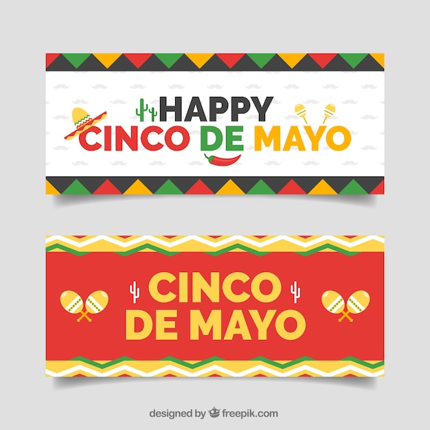 Bezpłatny wektor dekoracyjne transparenty z kolorowymi kształtami dla cinco de mayo