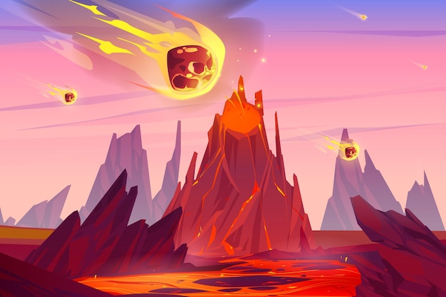 Deszcz meteorytów spadający na Ziemię z erupcją wulkanu, skałami i lawą dookoła. Kreskówka prehistoryczny krajobraz z spadającymi asteroidami, wulkaniczne tło pod różowe niebo ewolucja planety, ilustracji wektorowych