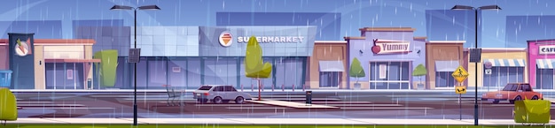 Bezpłatny wektor deszcz na parkingu supermarketu wektor zewnętrzny sklepu ilustracja sklepu spożywczego z dużą ilością wózka na zakupy pojazdu i architekturą zewnętrzną w deszczową pogodę mokra droga z kałużą w pobliżu nieruchomości komercyjnej
